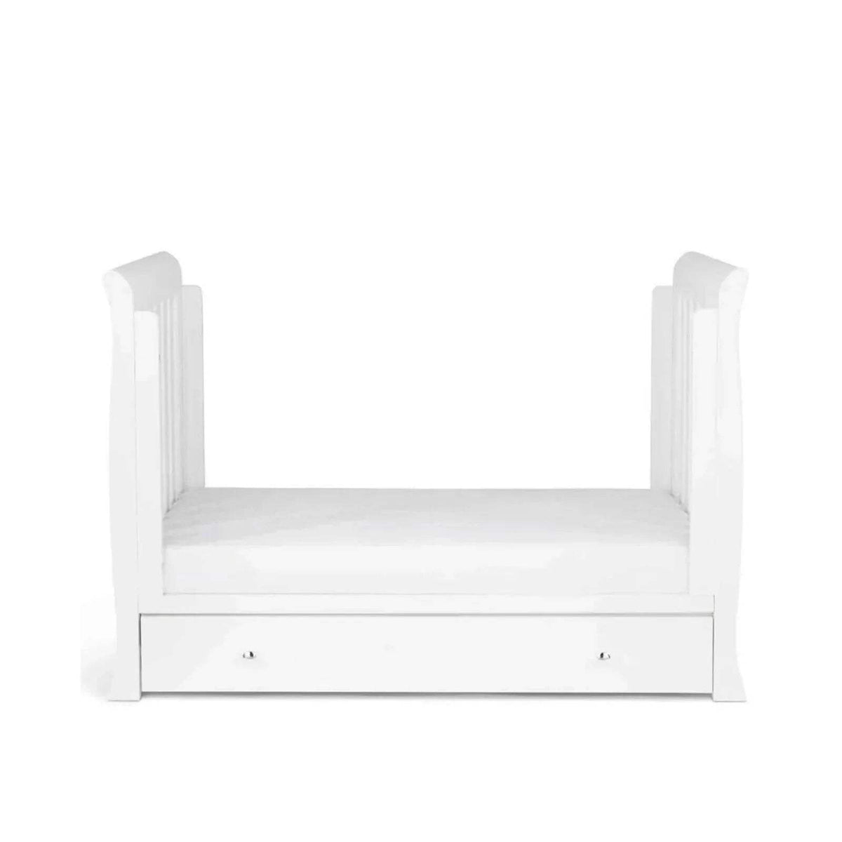 White mini bed frame with slatted sides and front drawer storage