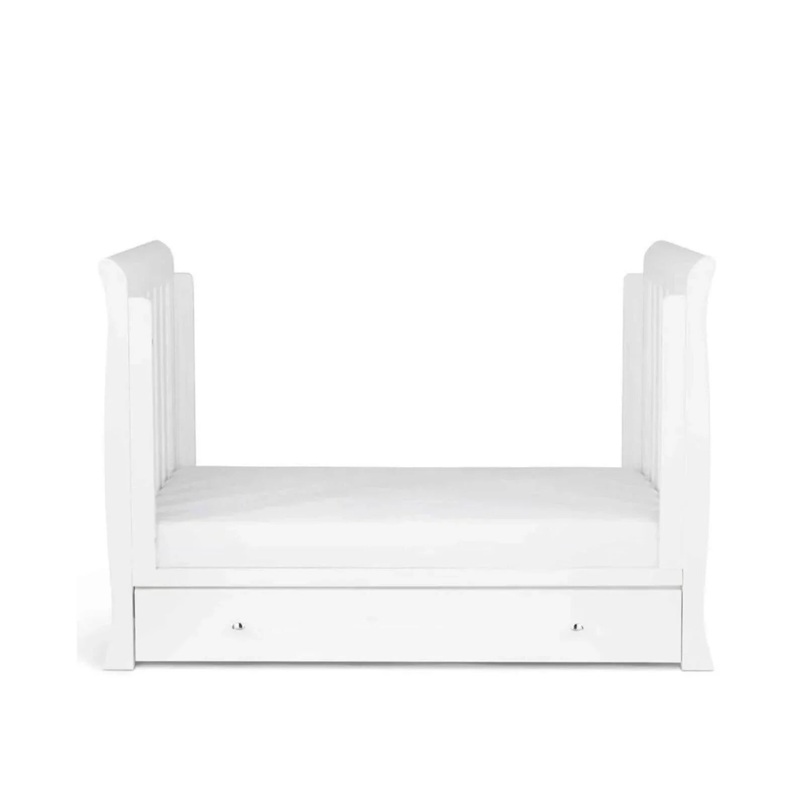 White toddler bed with high rails and low front drawer, front view