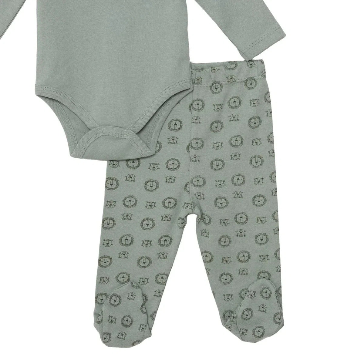 Green footed pants with scattered animal face pattern attached to bodysuit