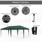 Green pop-up steel frame gazebo with reinforced corners and push-button detail