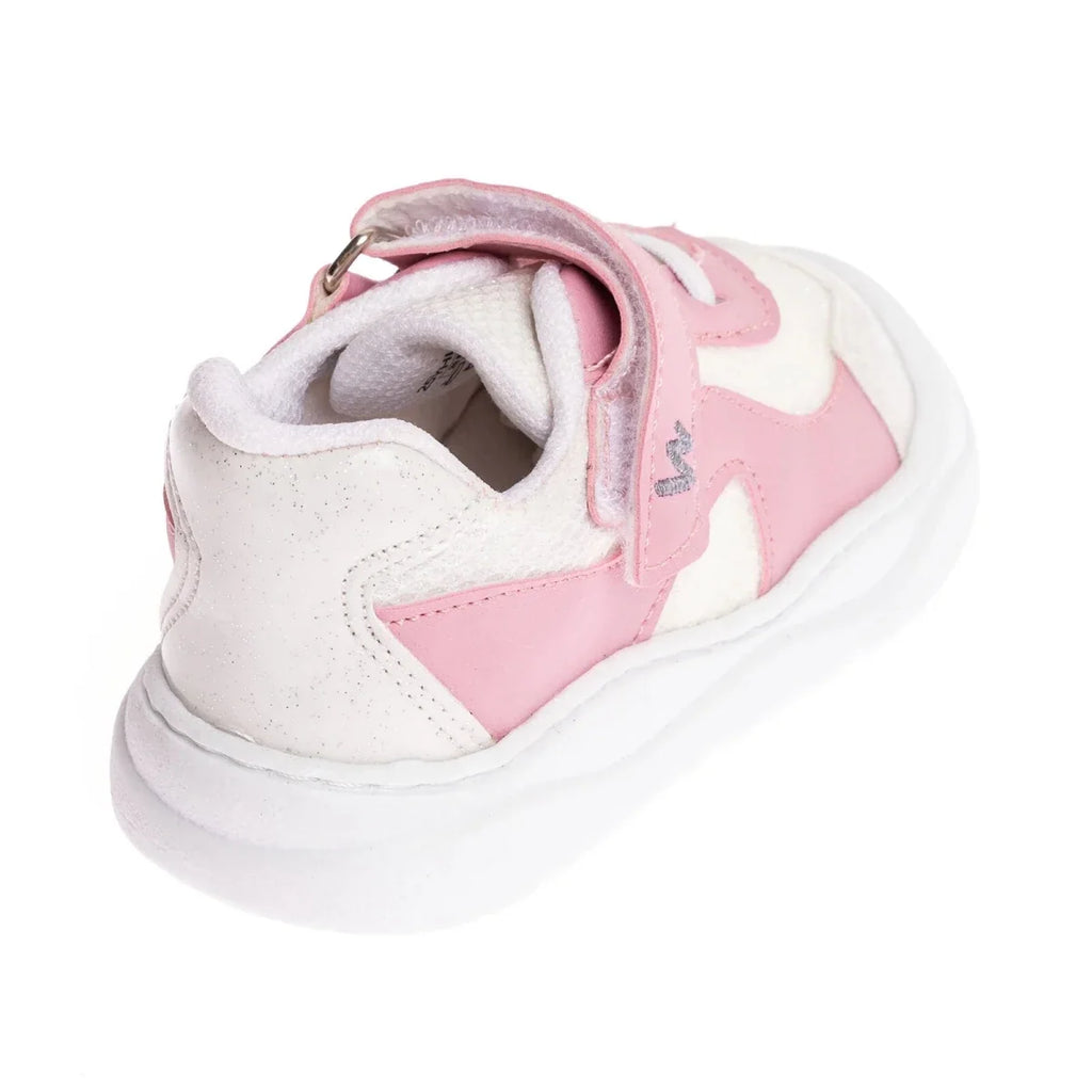 Girls first-step sneakers, pink-and-white, rear view with heel pull tab and stitching