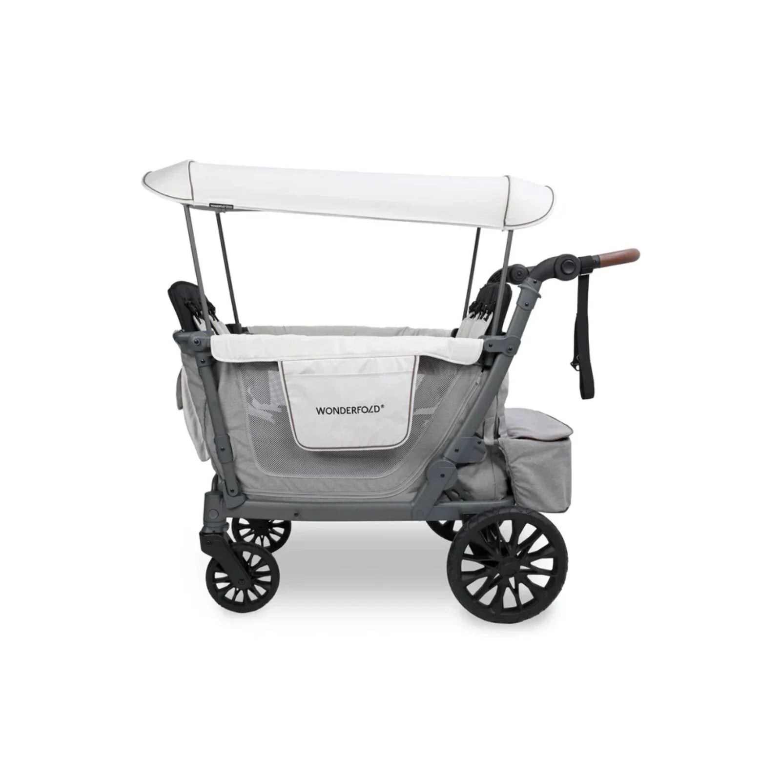 Grey stroller wagon with canopy, two front wheels, and padded seat frames