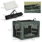 Grey pet carrier size diagram showing mesh doors, top opening, and included cushion