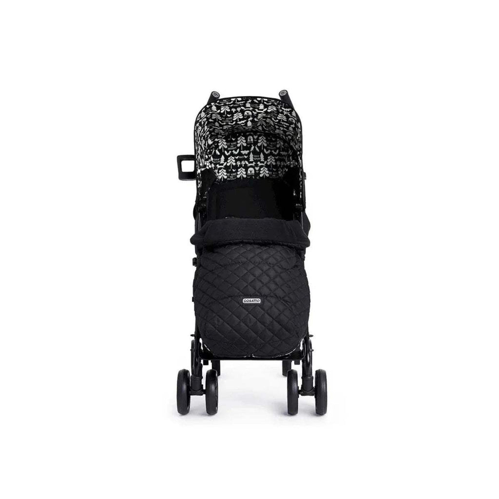 Black stroller with patterned canopy top and quilted footmuff, rear view