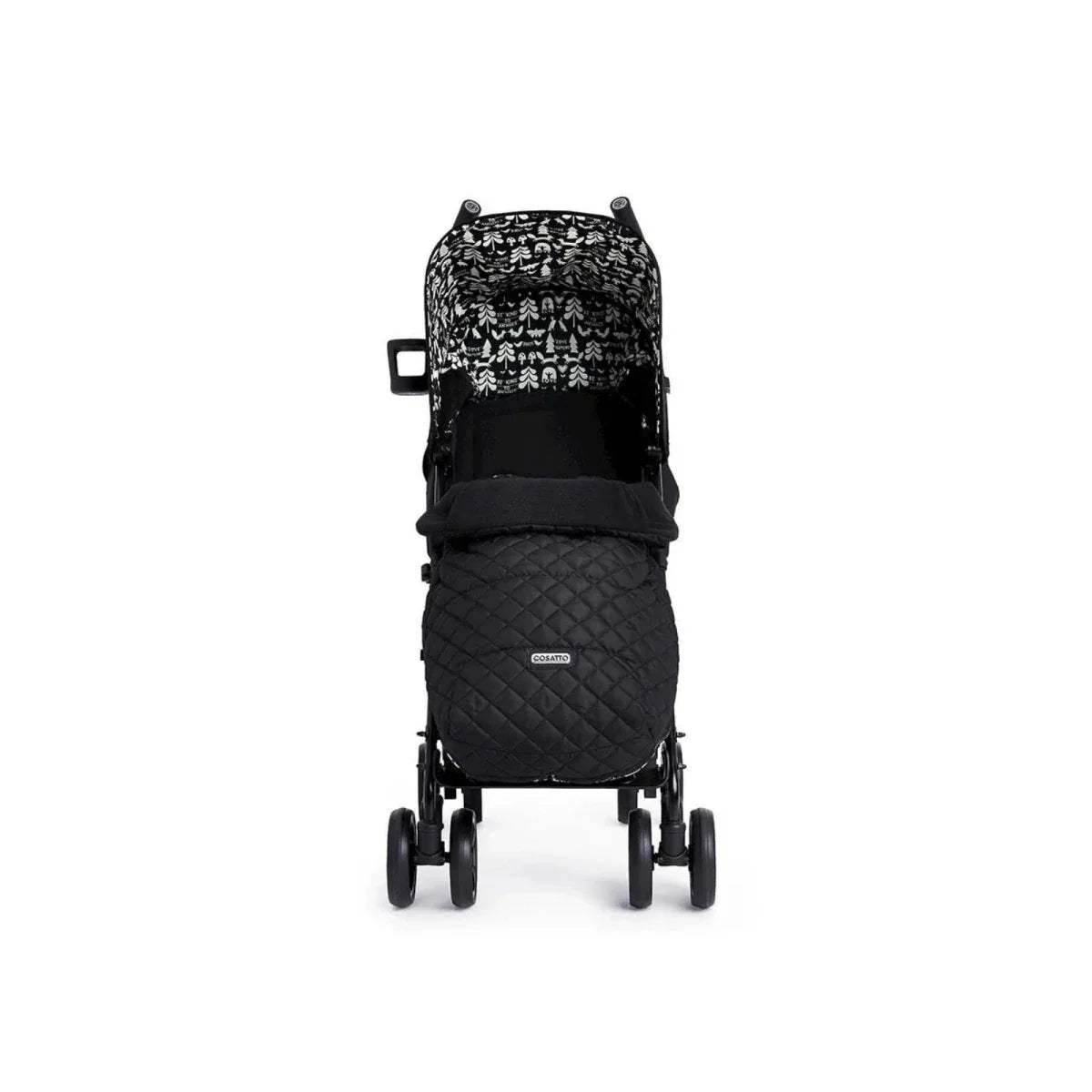 Black stroller with patterned canopy top and quilted footmuff, rear view