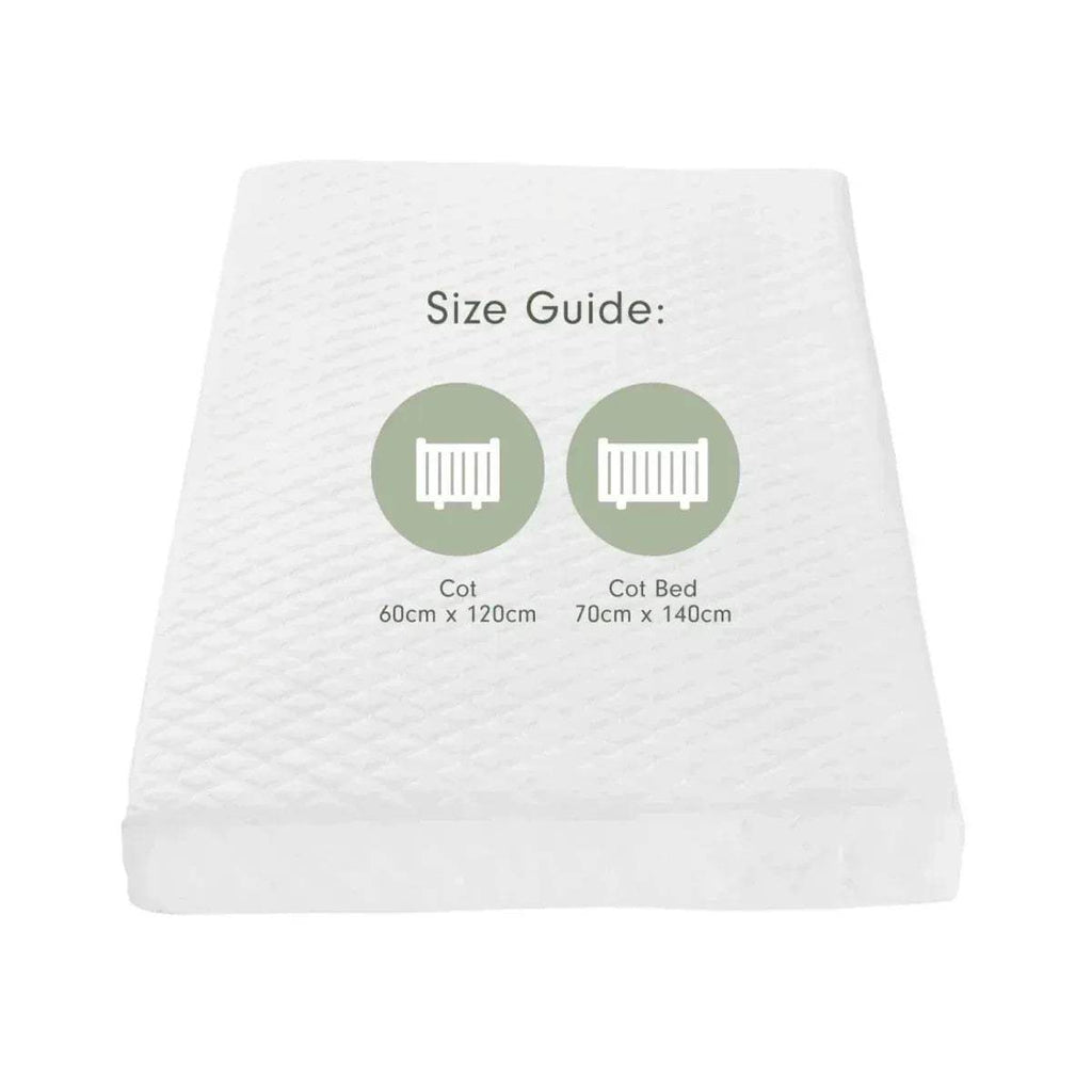 White quilted cot mattress topper with size guide for 60x120cm