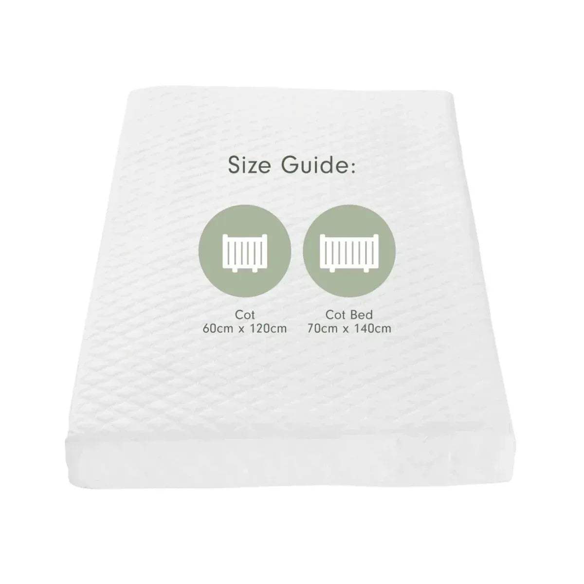 White quilted cot mattress topper with size guide for 60x120cm