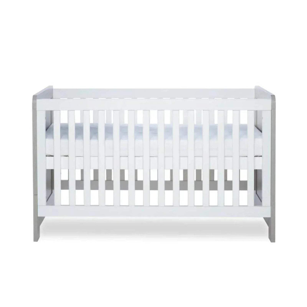 Cot bed front view with white slats and ash grey frame, viewed straight on.
