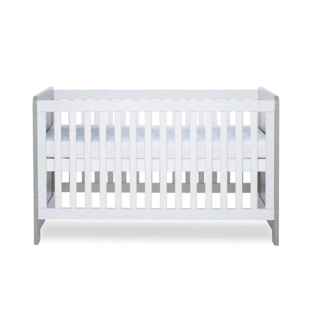 White slatted cot bed interior with ash grey rails and legs