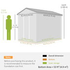 Green metal outdoor shed with sloped roof, dimensions layout diagram for footprint