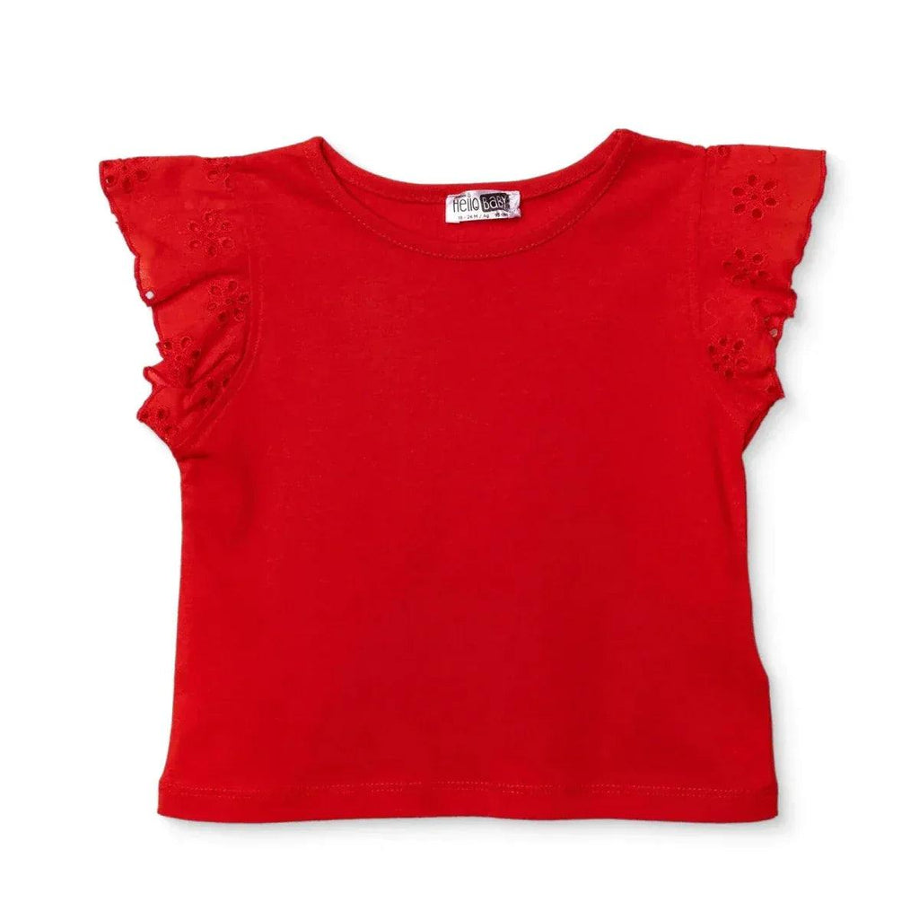 Red short-sleeve baby blouse with embroidered eyelet ruffle sleeves