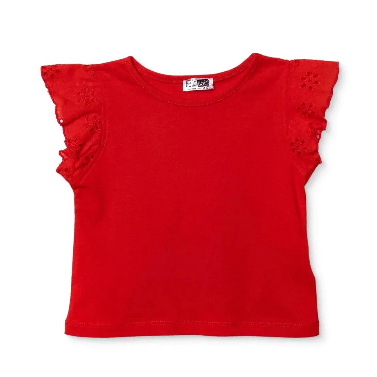Red short-sleeve baby blouse with embroidered eyelet ruffle sleeves