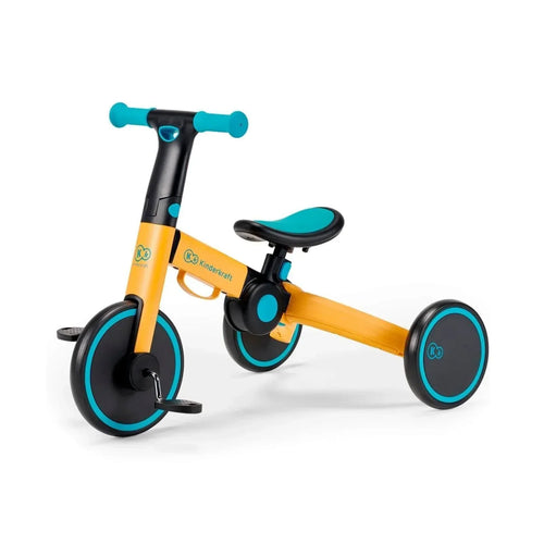 Kids tricycle with yellow frame, black components, turquoise handlebars and wheels