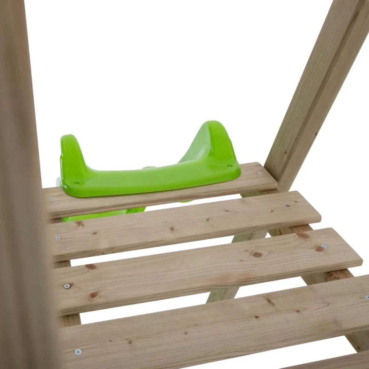 Wooden swing set ladder with green slide section and blue rope attachments