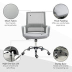 Grey mesh office chair with thick padded seat and gas-lift swivel base on durable casters
