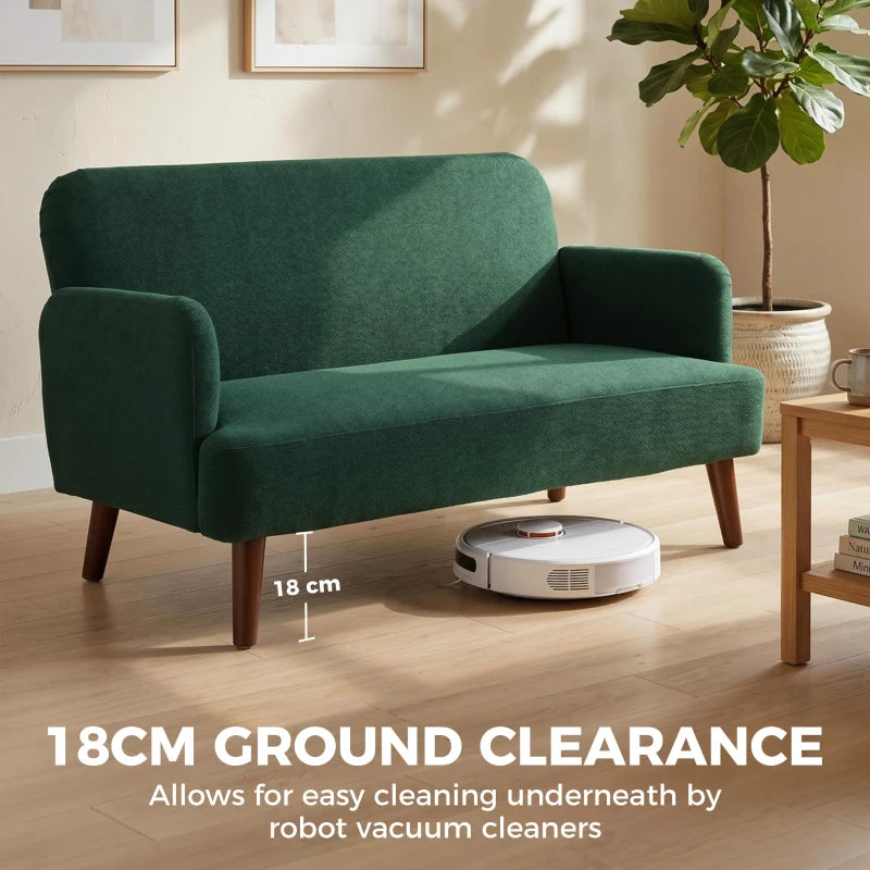 Dark green velvet-feel loveseat sofa with armrests and 18cm ground clearance