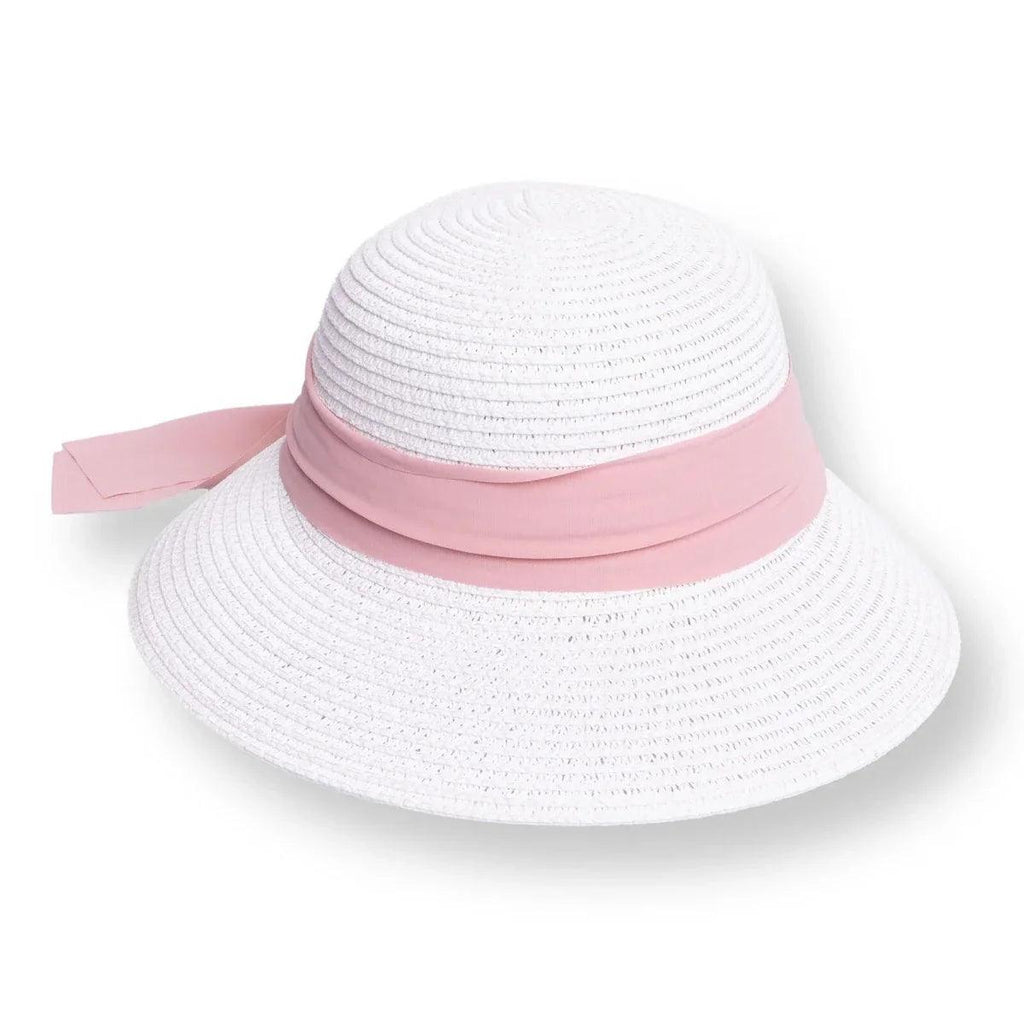 White straw baby sun hat with pink ribbon band and side bow