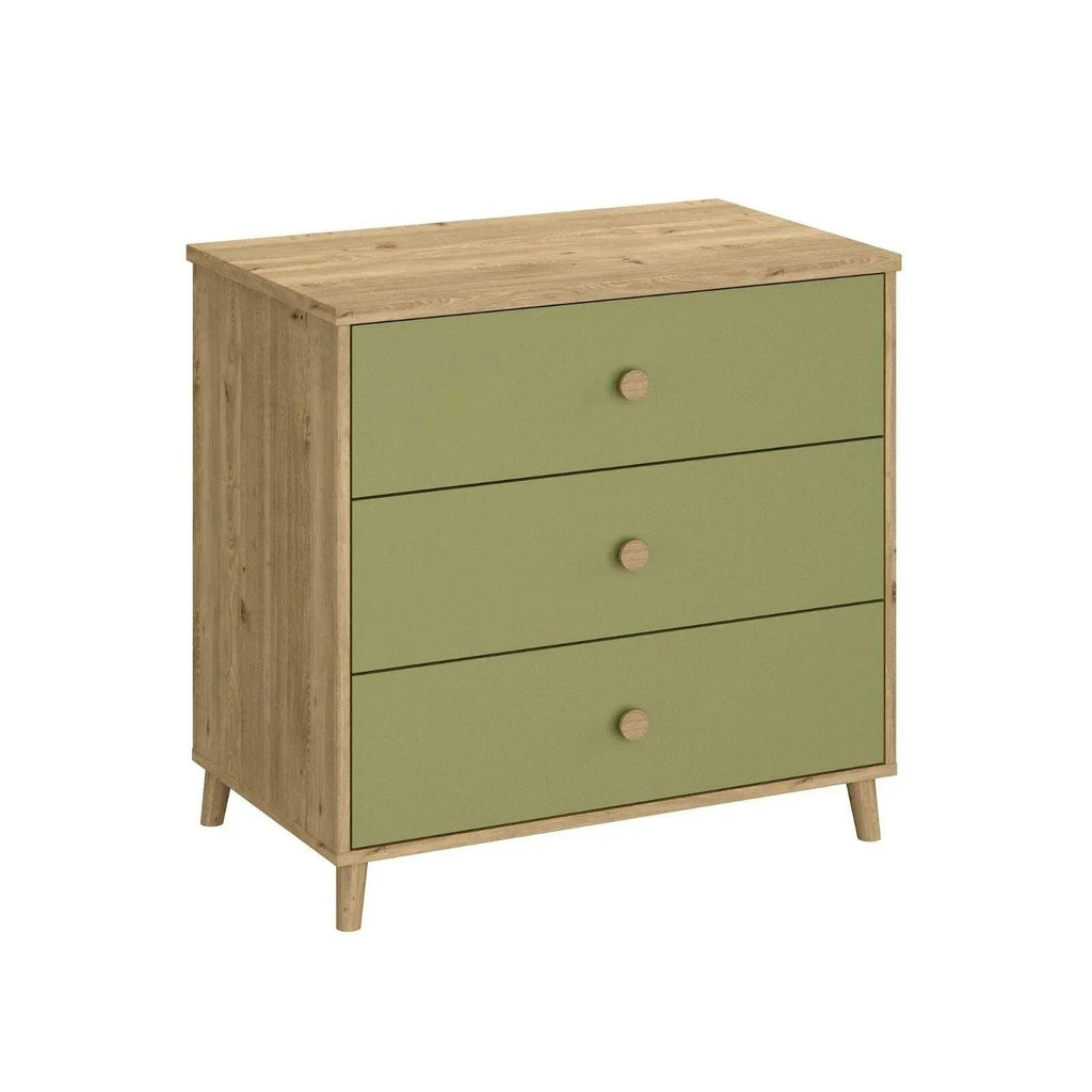 Kids changing dresser with three pistachio green drawers and light wood frame