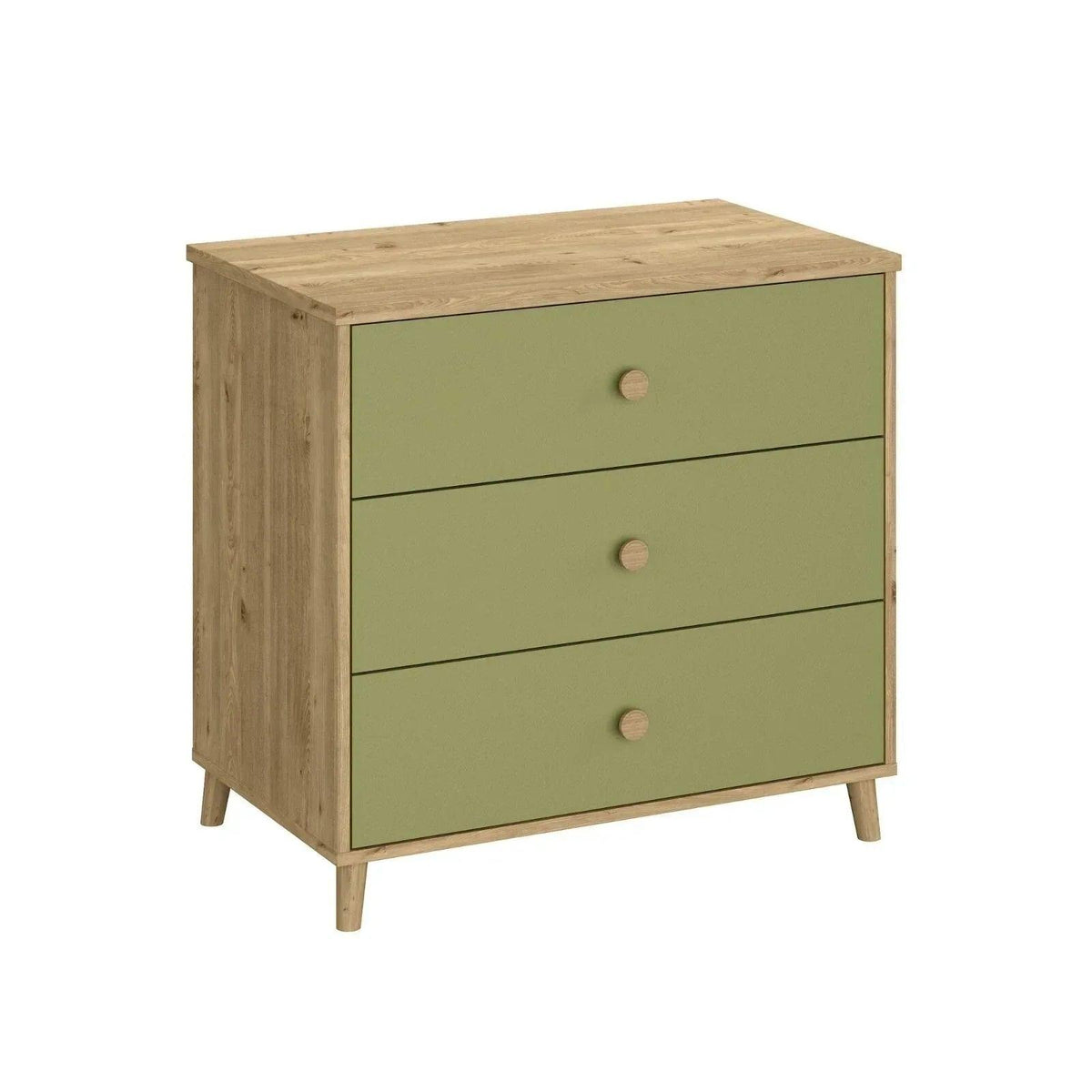 Kids changing dresser with three pistachio green drawers and light wood frame
