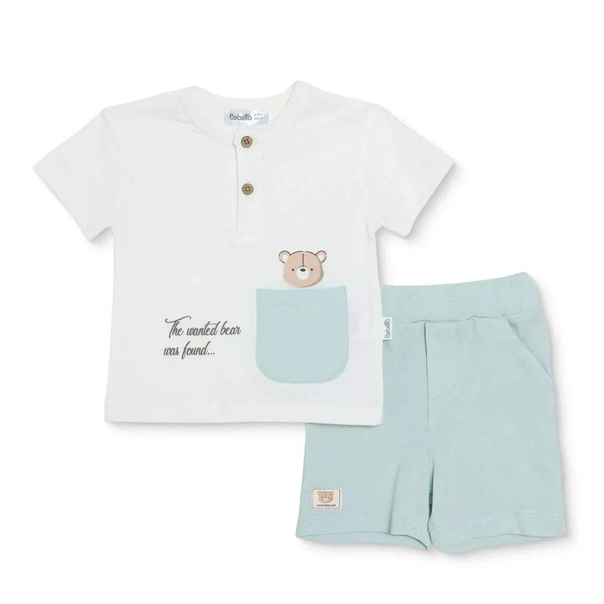 Boys white T-shirt and light mint shorts set with bear pocket and button placket