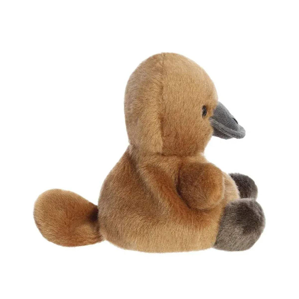 Sitting brown plush platypus soft toy with grey beak-like nose and dark paws, 12 cm