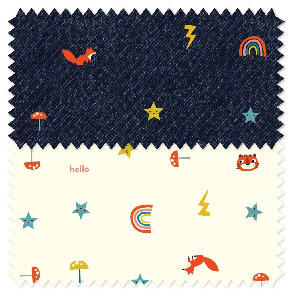 Navy and cream doodle fabric swatch with stars, rainbows, animals, and zigzag edges