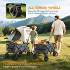 Dark grey pull-along cargo wagon trailer with large all-terrain wheels and extended handle
