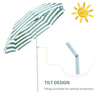 Tilt beach parasol with green-and-white striped canopy and white support pole
