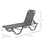 Grey reclining sun lounger with black metal legs; 163 x 91 cm size shown