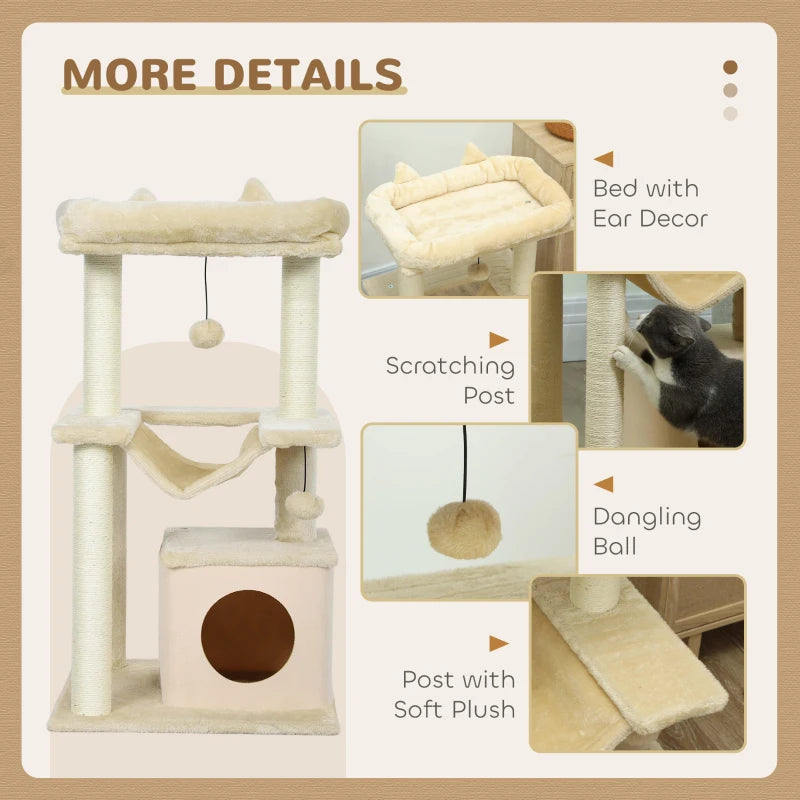 Beige cat tree details: scratching post, dangling ball, soft plush platforms