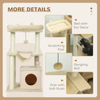 Beige cat tree details: scratching post, dangling ball, soft plush platforms