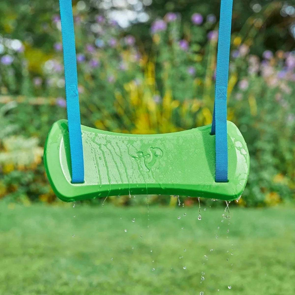 Green swing seat with blue straps, showing water droplets on the seat