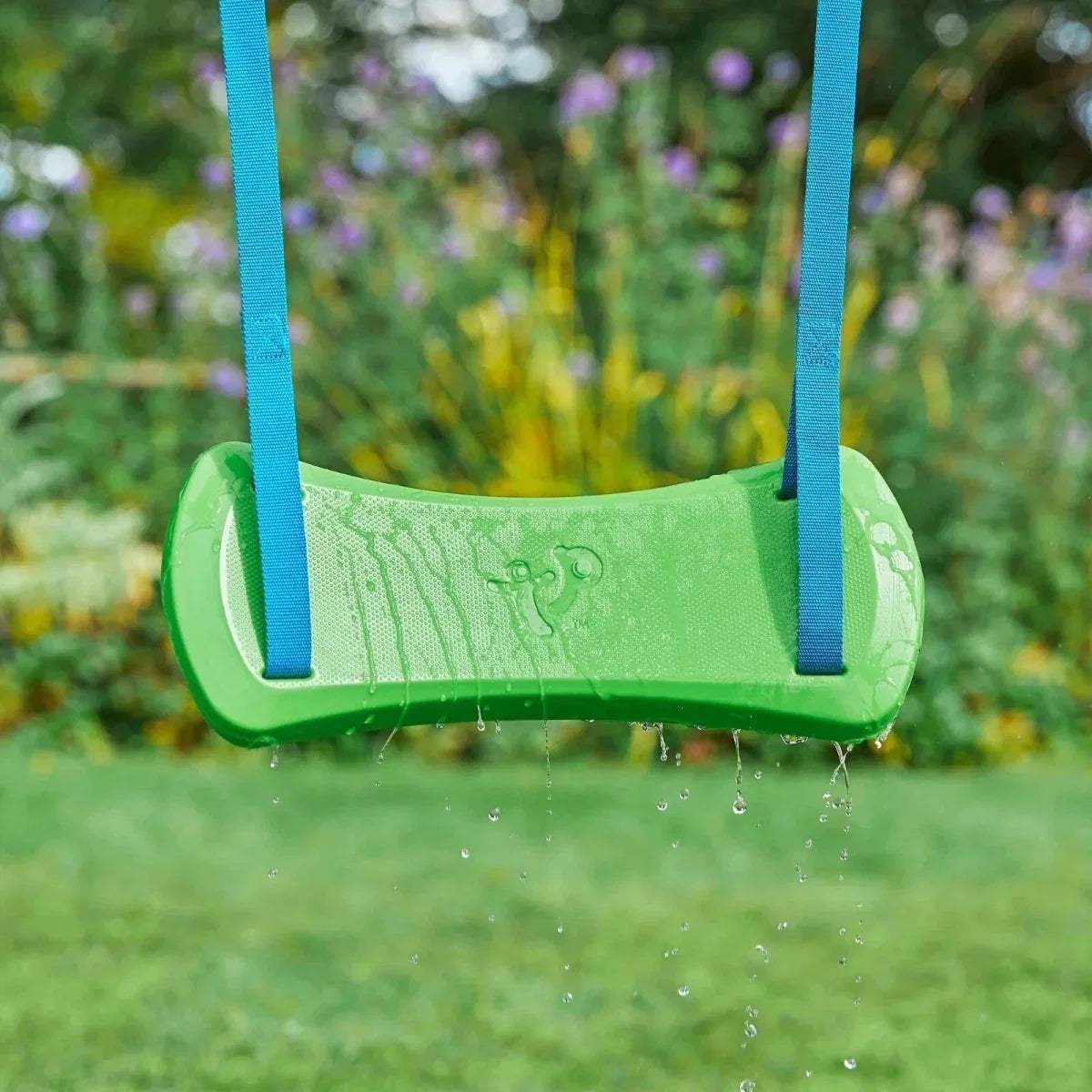 Green swing seat with blue straps, showing water droplets on the seat