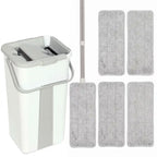 Compact flat mop bucket set with wringer, white bucket, and gray reusable microfiber pads