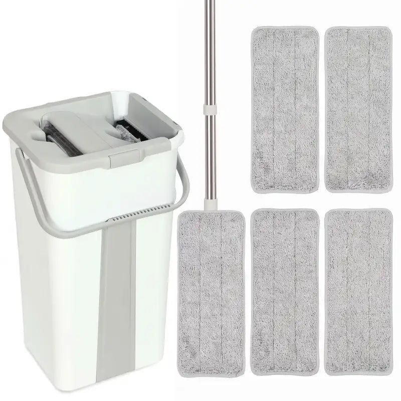 Compact flat mop bucket set with wringer, white bucket, and gray reusable microfiber pads