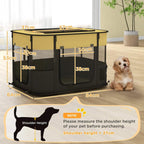 Yellow foldable dog pen with black mesh walls and side storage pockets
