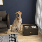 Brown raised dog bowl cabinet with two stainless bowls and drawer storage for kibble