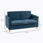 Blue compact loveseat sofa with armrests, two-seat back cushions, and wood legs
