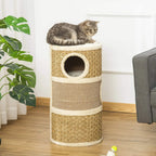 Khaki cat scratching barrel tower with plush top and circular side doorway