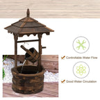 Wooden wishing well barrel water fountain with water flow and black basin