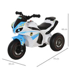 Blue and white 3-wheel police ride-on bike with black seat and handlebars