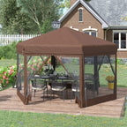 Brown hexagonal pop-up gazebo with open netted sides and top canopy