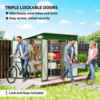 Green metal garden storage shed with open doors for storing bikes and tools