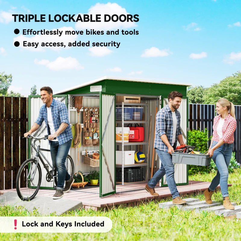 Green metal garden storage shed with open doors for storing bikes and tools