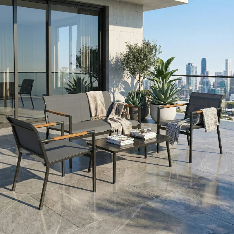 Grey metal patio furniture set with two armchairs, loveseat, and glass-top coffee table
