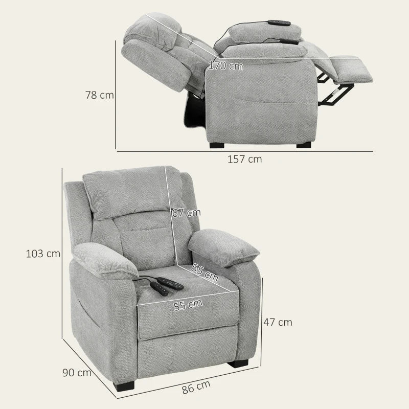 Light grey recliner armchair shown from the side with chaise footrest extended