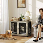 Grey pet crate end table with two front black wire doors and flat top in living room