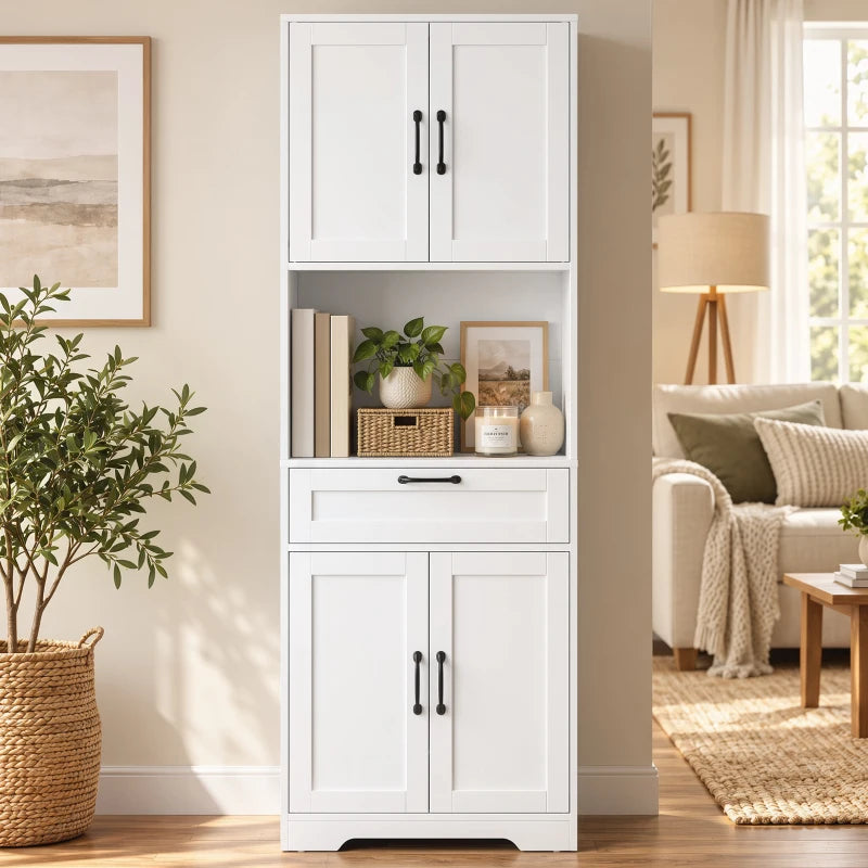 White freestanding pantry cabinet with upper and lower doors, shelves, and drawer