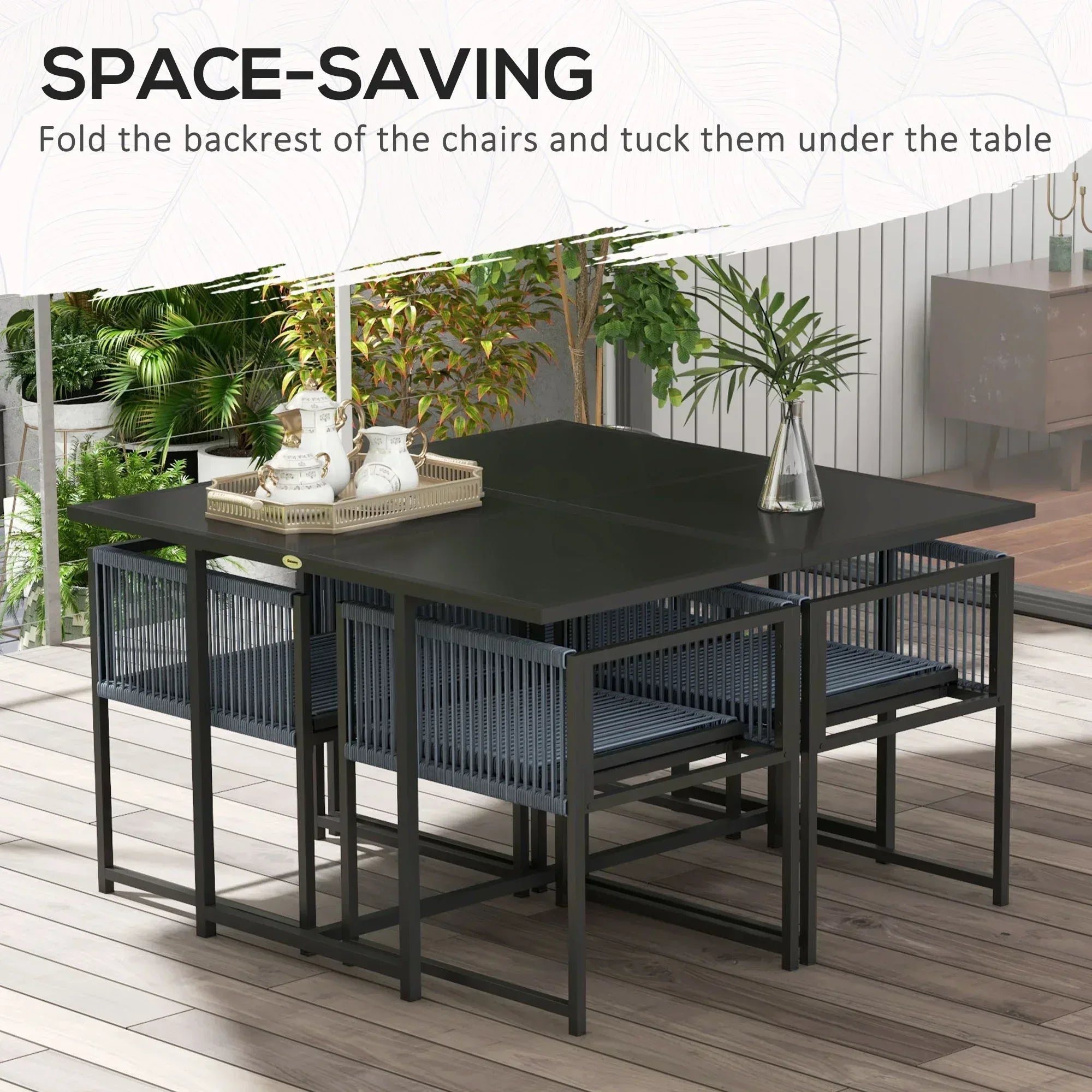 Five-Piece Metal Dining Set, with Folding Back Chairs, Dark Grey - Bobobiy