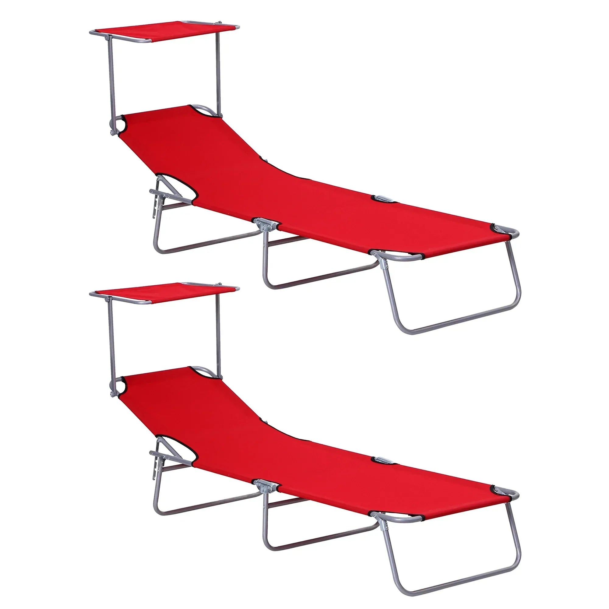 2 Piece Folding Sun Lounger, Lounge Chairs Reclining Sleeping Bed with Adjustable Sun Shade Awning for Beach, Patio - Bobobiy